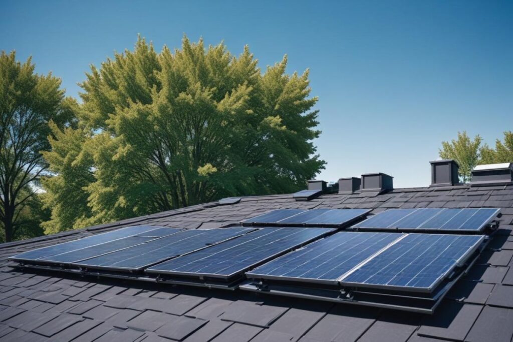 A roof of residential with Monocrystalline Solar Panels