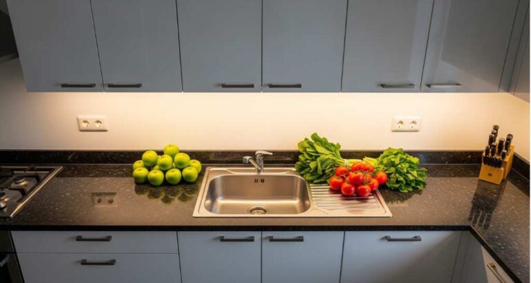 Modern kitchen with warm under-cabinet LED strip lighting above granite countertop and white cabinetry