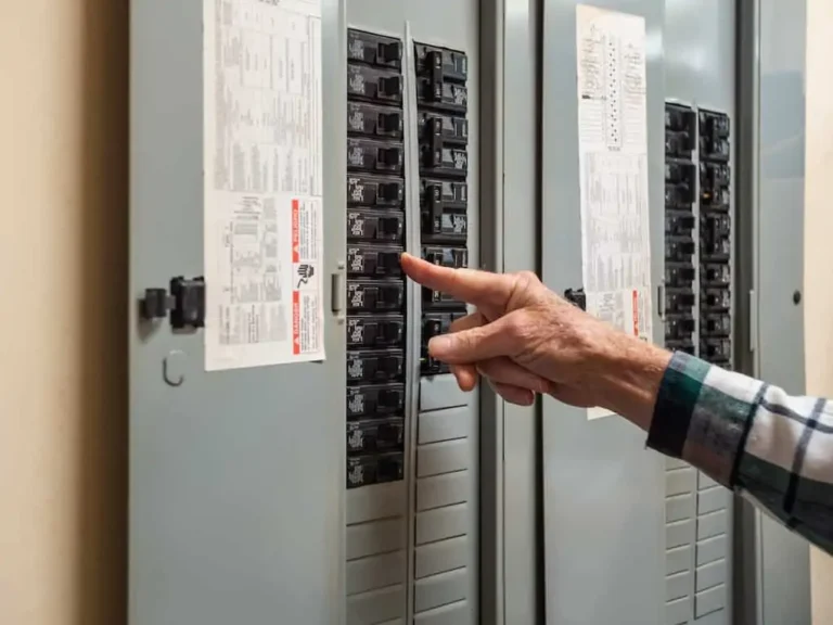 A hand pointing to a circuit breaker in a home electrical panel with the door open