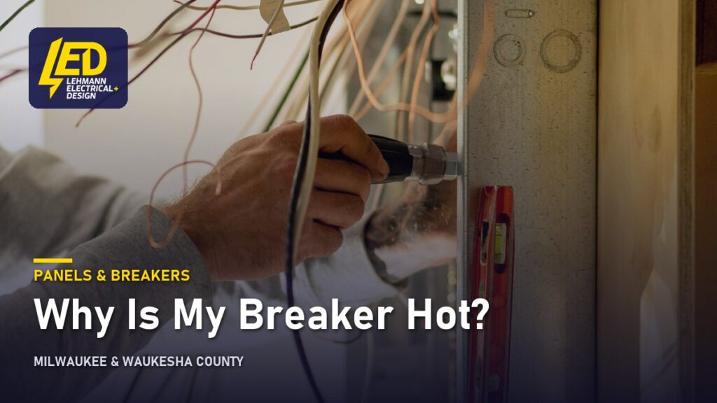 Electrician's hands on wiring inside an open breaker panel, titled Why Is My Breaker Hot?