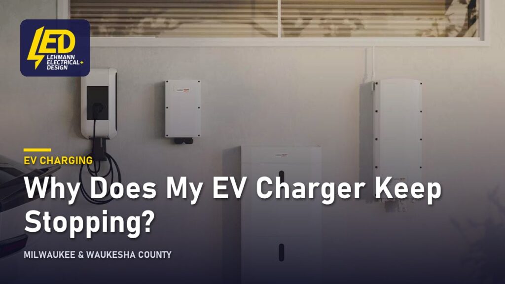 Wall-mounted EV charger and battery storage in a garage, titled Why Does My EV Charger Keep Stopping?