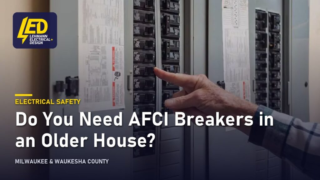 Hand pointing to a breaker inside an open home electrical panel, titled Do You Need AFCI Breakers in an Older House?