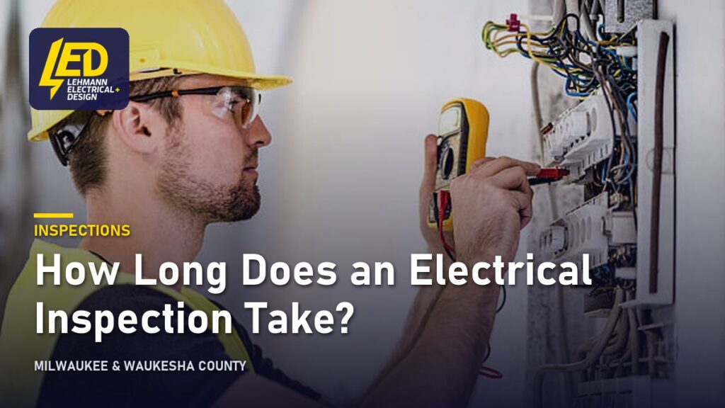 Electrician testing an electrical panel with a multimeter while wearing a hard hat and safety glasses, titled How Long Does an Electrical Inspection Take?