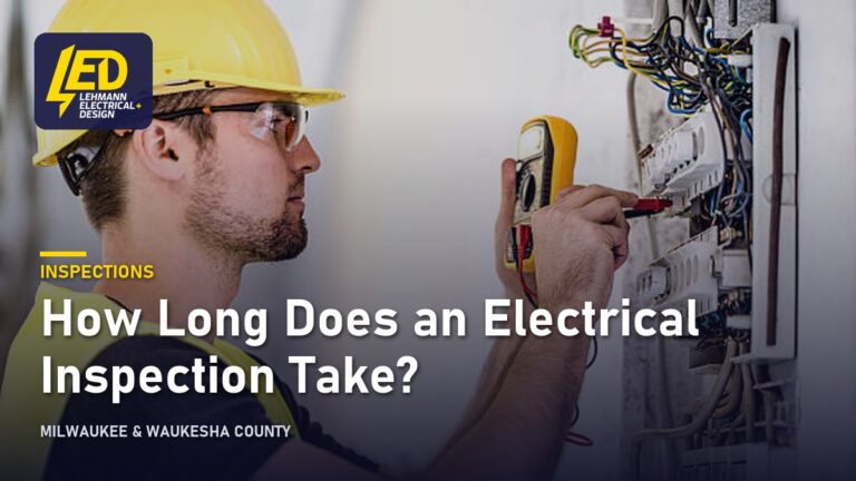 Electrician testing an electrical panel with a multimeter while wearing a hard hat and safety glasses, titled How Long Does an Electrical Inspection Take?