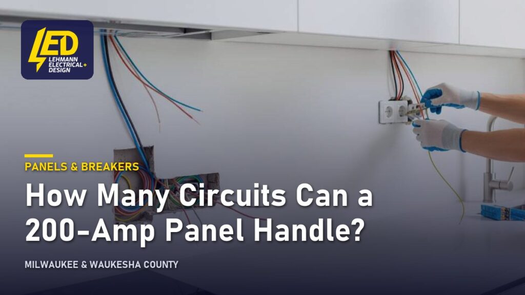Electrician in protective gear working at a wall-mounted electrical box, titled How Many Circuits Can a 200-Amp Panel Handle?