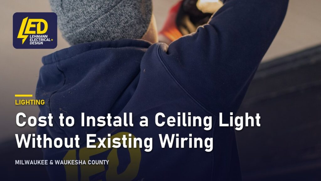 Electrician installing a ceiling fixture, titled Cost to Install a Ceiling Light Without Existing Wiring