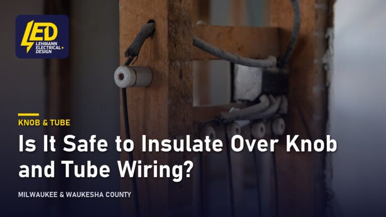 Deteriorated knob-and-tube wiring with ceramic insulators on wooden framing, titled Is It Safe to Insulate Over Knob and Tube Wiring?