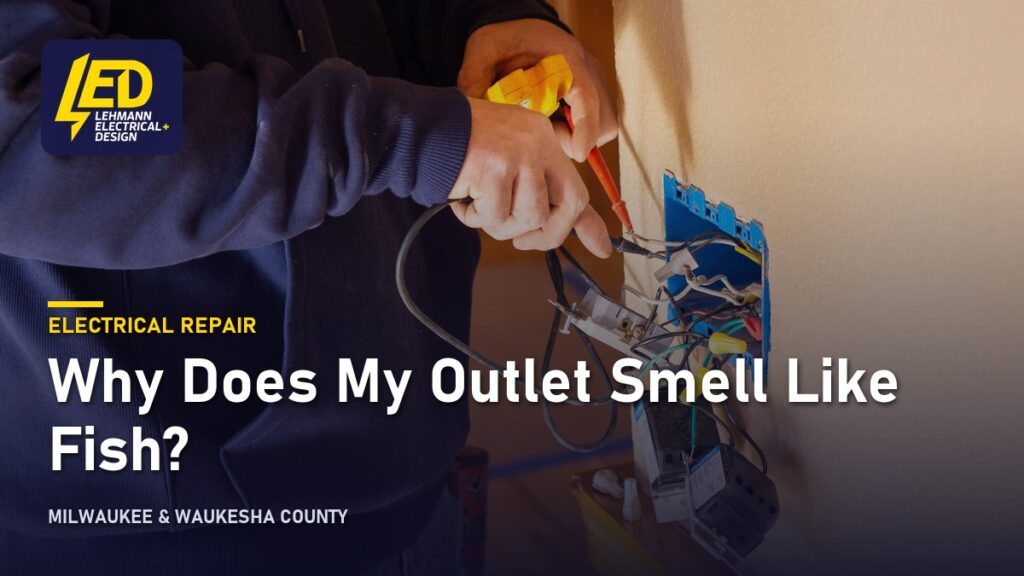 Electrician working on a wall outlet box, titled Why Does My Outlet Smell Like Fish?