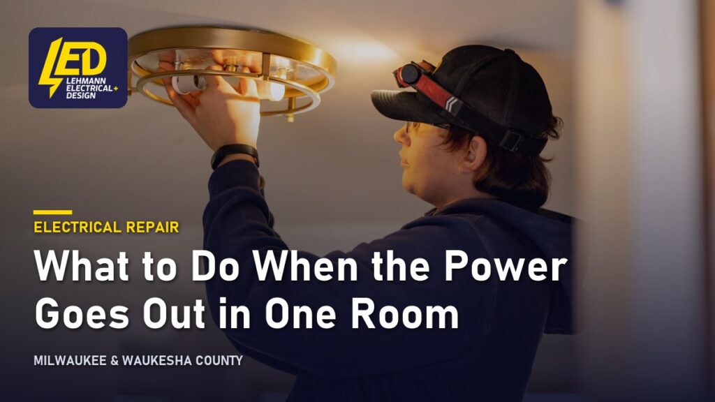 Electrician reaching up to work on a residential circuit, titled What to Do When the Power Goes Out in One Room