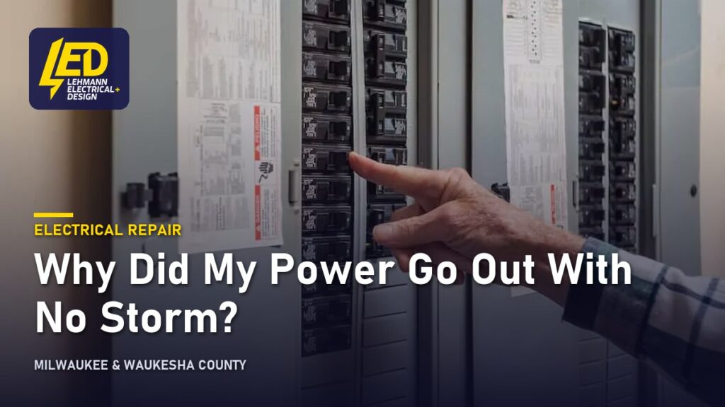 Hand pointing to a breaker inside an open home electrical panel, titled Why Did My Power Go Out With No Storm?