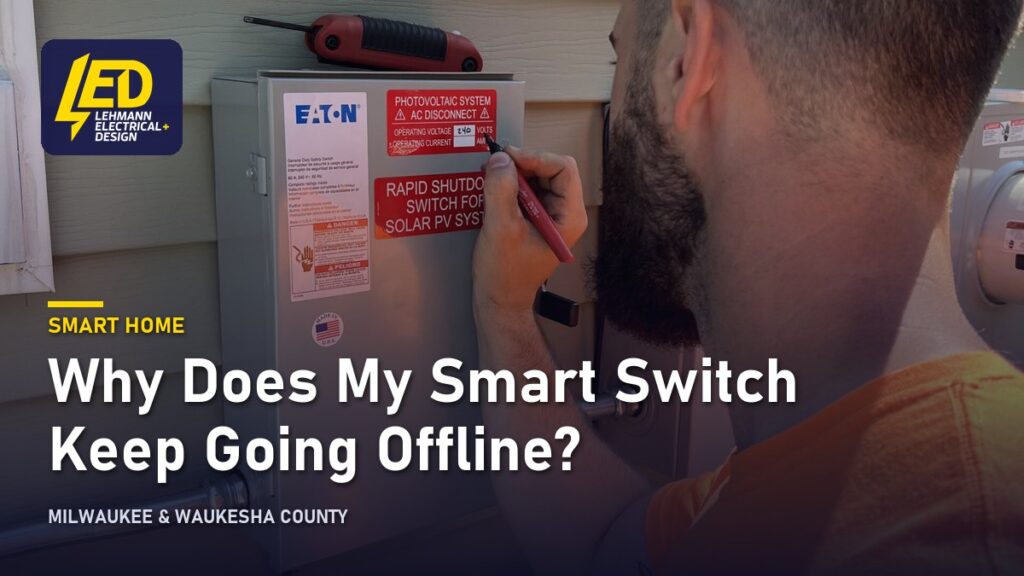 Technician using a tool on a wall-mounted electrical device, titled Why Does My Smart Switch Keep Going Offline?