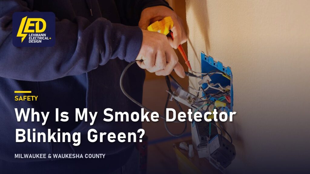 Electrician installing wires into a blue outlet box on a residential wall, titled Why Is My Smoke Detector Blinking Green?