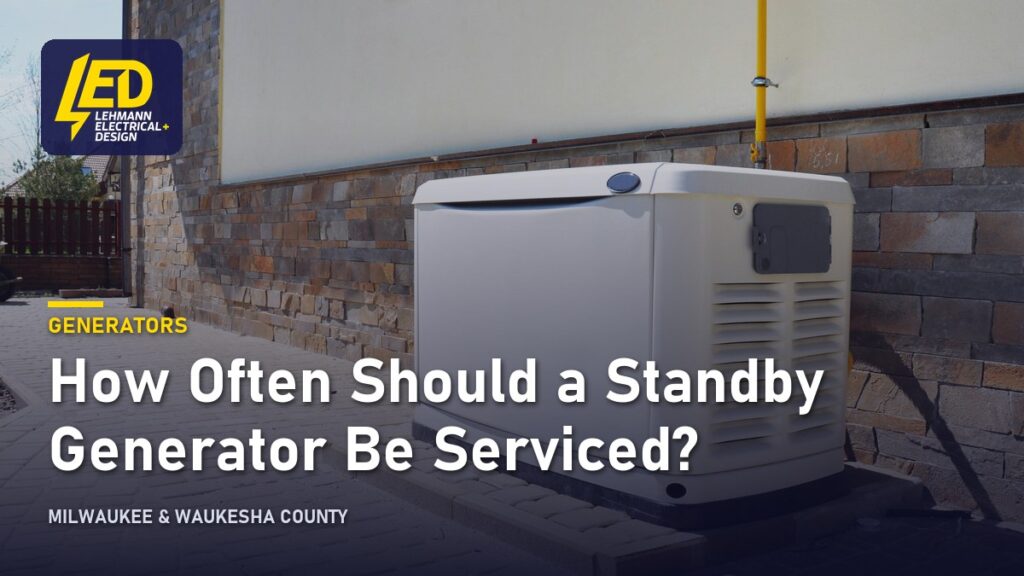 White residential standby generator on a concrete pad beside a house, titled How Often Should a Standby Generator Be Serviced?