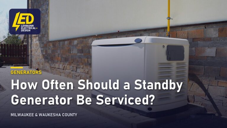 White residential standby generator on a concrete pad beside a house, titled How Often Should a Standby Generator Be Serviced?