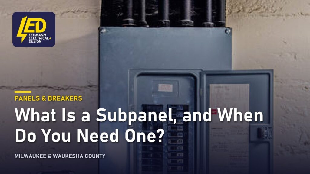 Open breaker panel on a basement wall, titled What Is a Subpanel, and When Do You Need One?