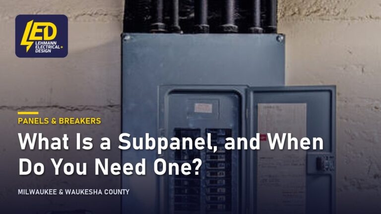 Open breaker panel on a basement wall, titled What Is a Subpanel, and When Do You Need One?