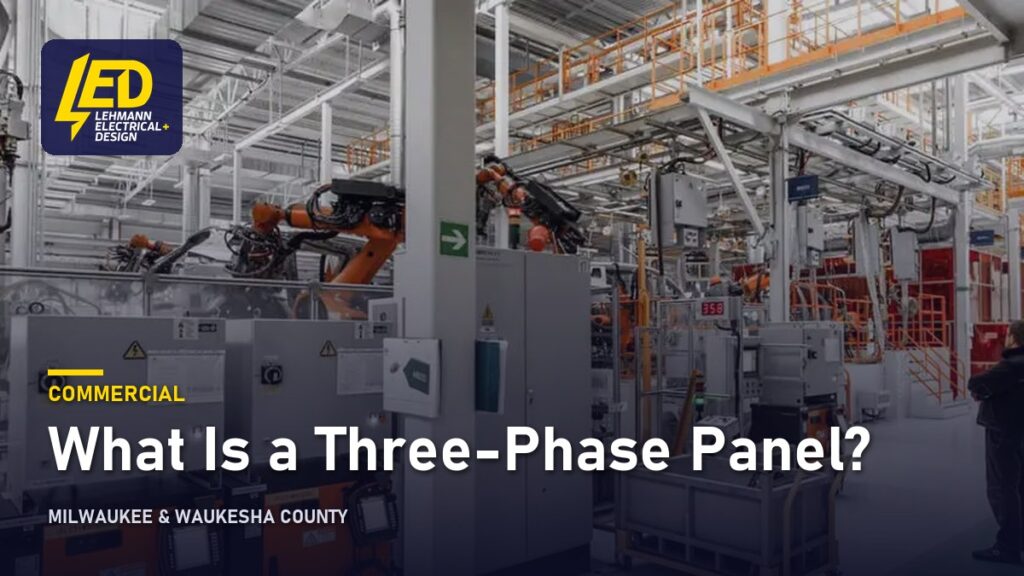 Large industrial facility interior with production equipment, titled What Is a Three-Phase Panel?