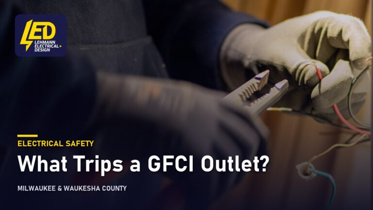 Gloved hands examining a wall-mounted electrical outlet, titled What Trips a GFCI Outlet?